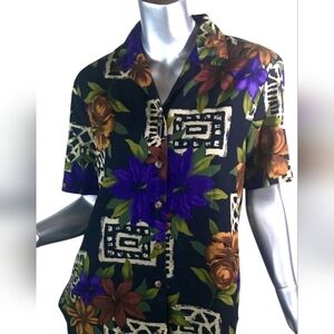 Cristin Stevens Vintage Tropical Floral Tribal Button Front Shirt Women's Zs L